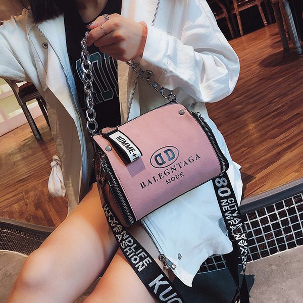 

scrub leather messenger bag 2019 new fashion women handbags letter wide strap chains design bucket shoulder bag bolsa feminina