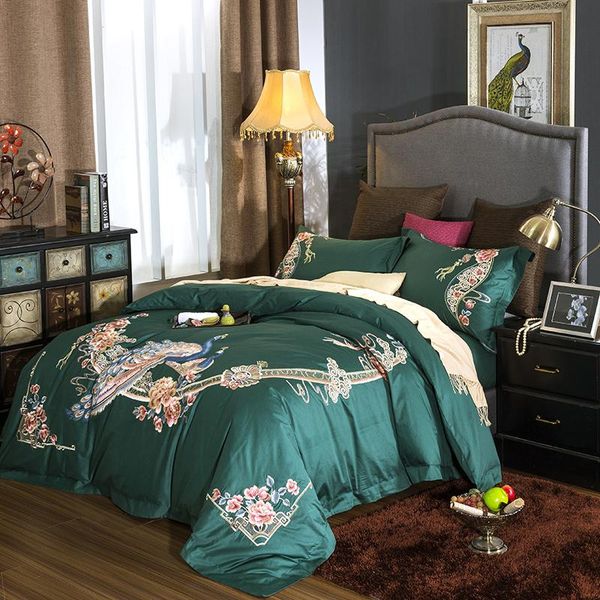 

bedding sets 34 egyptian cotton oriental peacock embroidery set green pink duvet cover bed sheet linen pillowcases 4pcs