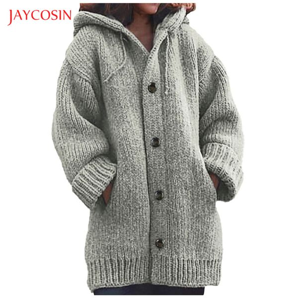 

joycosin 2019 winter women sweater casual fashion solid color button coat coarse wool knitted warm hooded pocket sweater top, White;black