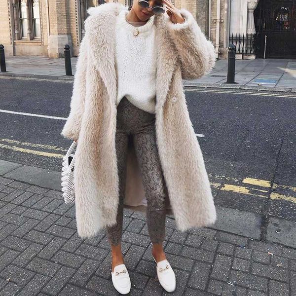 

women cardigan fashion autumn winter coat loose long plush thickened lapel cardigan long-sleeved coat for women, Black