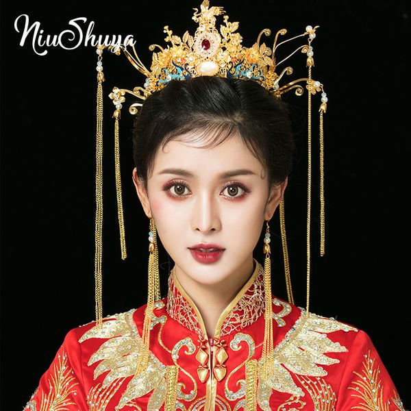 

niushuya luxury wedding bride chinese traditional hair accessories headdress gold tiara round crown hair jewelry ornament, Golden;white