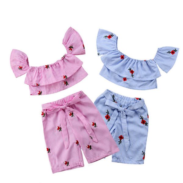 

открытый досуг малыш девушка одежда набор взъерошенные с плеча топ + брюки 2 шт. мода полосатый вышивка цветочный малыш девушка костюм, White