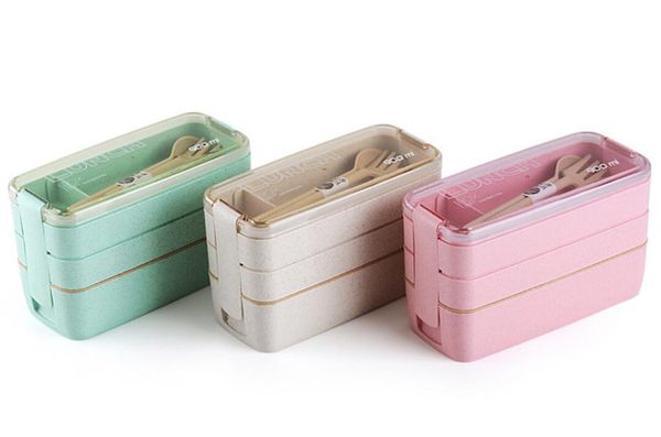 

900мл портативный здоровый материал lunch box 3 слоя пшеничные соломы bento boxes микроволновая печь посуда для хранения продуктов контейнер