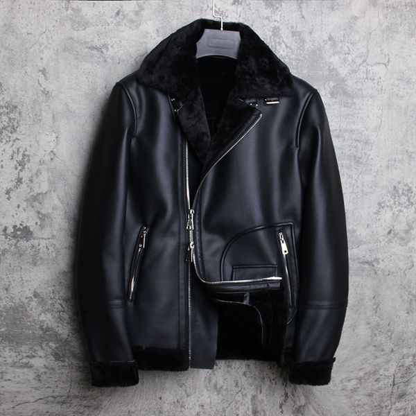 

fashion fur one short coat male winter new plus velvet thick lamb fur pu leather long sleeve motorcycle jacket, Black