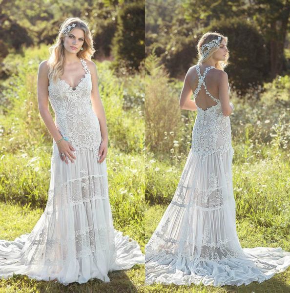 

full lace mermaid wedding dresses v neck appliqued bohemian country style bridal gowns sweep train wedding dress, White