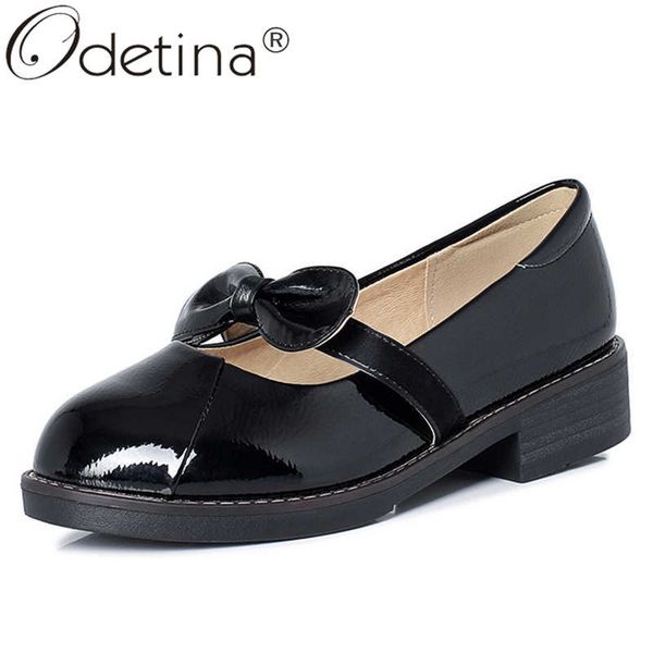 

odetina women fashion block chunky heel slip on casual shoes female patent leather sewing non-slip round toe sweet oxfords shoes, Black