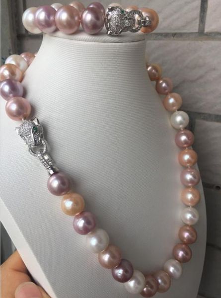 

set of13-15mm south sea round multicolor pearl necklace 19"bracelet 7.5-8, Black