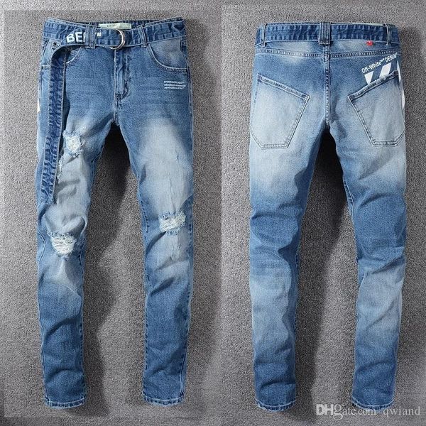 

2020 new fashion brand men's jeans dark blue hole slim men's high street jeans pop hole pants hip hop punk