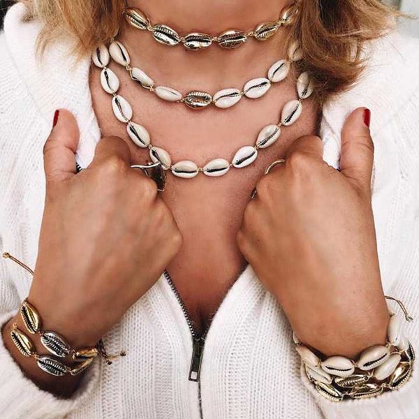 

lady 2019 new boho real shell jewelry sets for women special party gift beach choker necklace charm bracelets anklets sets, Silver