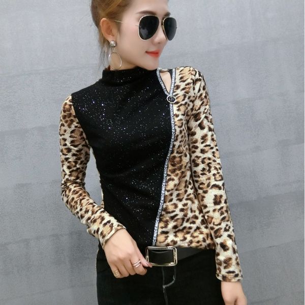 

patchwork leopard pullover tshirt 2020 new spring autumn women sequined bottoming shirt turtleneck t shirts clothes t91801, White