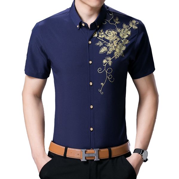 

men's fashion casual printed men shirt short sleeve men's clothing soft and comfortable slim business social brand shirt, White;black
