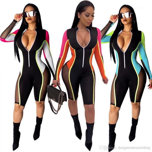 

лоскутное rompers one piece костюмы с длинным рукавом joint zipper одежда контраст цвет женщины комбинезоны лето марлевые, Black;white