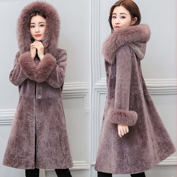 

2017 fur warm winter slim coat faux sheep shearing long jacket sheared sheepskin with fur trim hood outwear high quality, Black