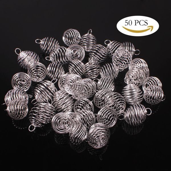 

50pcs 25x30mm plated spiral bead cage charms pendants (holds 18mm - 22mm beads) for women and men jewelry making, Silver