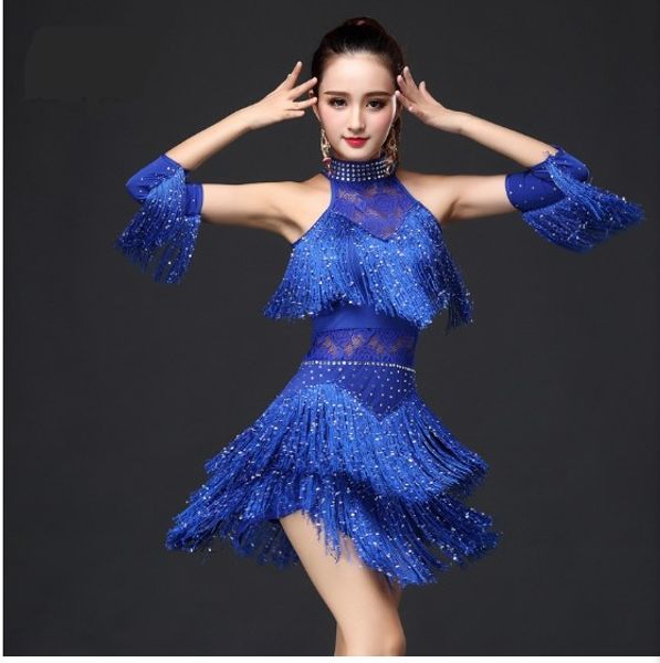 5 colori per ragazze da donna, vestito sexy con frange e nappe con paillettes blu rosso nero per costumi di danza latina salsa/sala da ballo