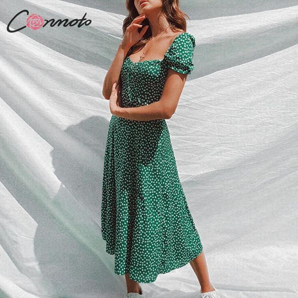 

conmoto summer vintage party dress square collar ruffle elegant dress beach female green mid dresses vestidos, Black;gray