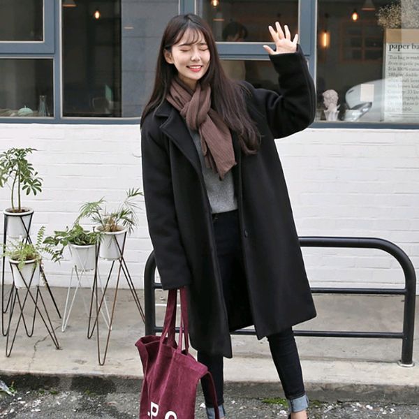 

new women woolen wool & blends coat warm long sleeve turn-down collar outwear solid ladies casual overcoat, Black