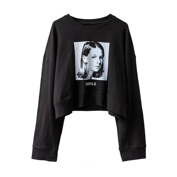 

2020 женщины мультфильм печати повседневный сыпучие круглый воротник hoodie простой короткий повседневный hoodie теплый длинные рукава для о, Black