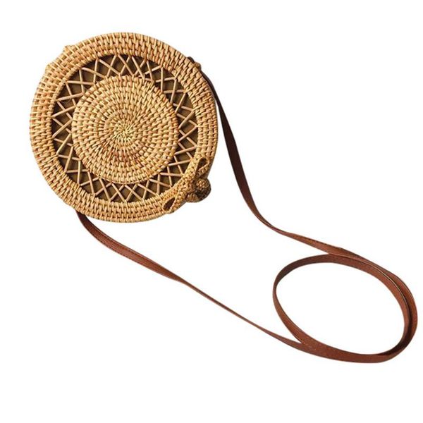 

women's circle handwoven bali round retro rattan straw beach bag crossbody (c
