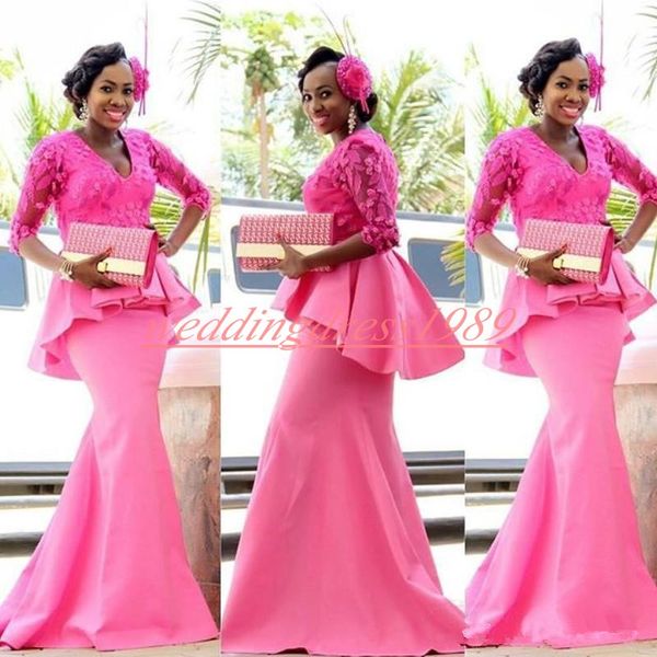 Vestidos Partido Pageant Africano modesta nigeriano Mermaid Vestidos V-Neck Satin Prom Dress Peplum Sul manga formal da ocasião Black Girl