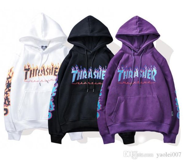 

mens luxury hoodies street fashion brand flame print plus velvet sweater couple unicorn arm slim coat, Black