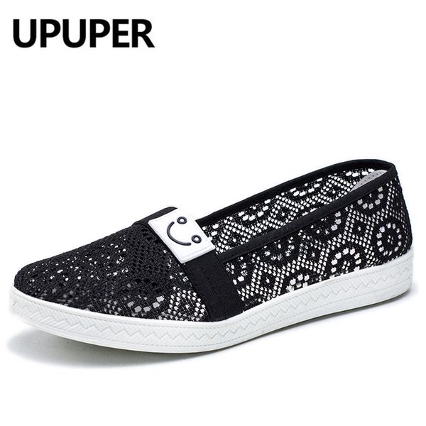 

upuper 2019 summer women's shoes breathable lace ladies flats shoes woman leisure sneakers for women slip-on loafers for mom, Black
