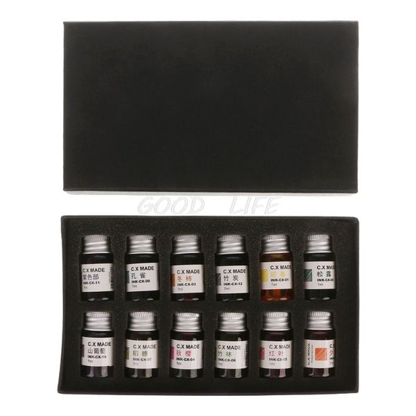 

gold colored bottled glass dip pen ink set fountain writing signature box gift 7ml, Black;red