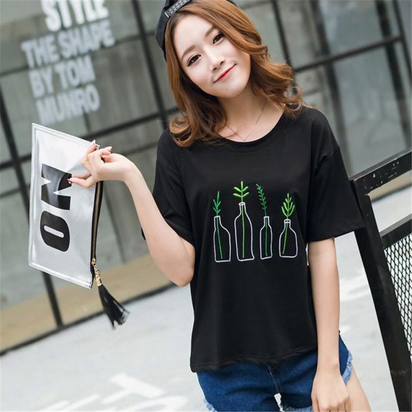 

woman shirt women floral new summer korean style women t shirt harajuku bottle plants pattern kawaii embroidery tee shirt cute, White