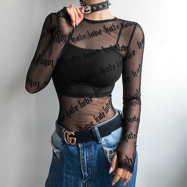 

новые женщины футболки lace see-through с длинным рукавом топы sexy ladies sheer o-образным вырезом топы черный письмо печати прозрачная per, White