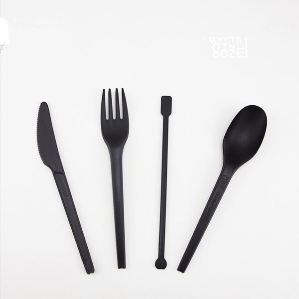 

100pcs environmental protection degradable pla tableware black/white disposable meal fork and spoon and knife