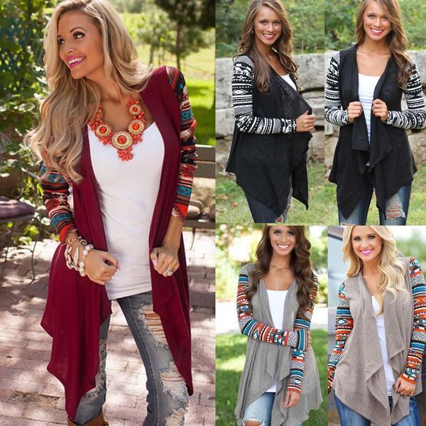 

new fashion women long sleeve cardigan geometric knitting patchwork front open asymmetric hem slim outwear ruffles, White;black