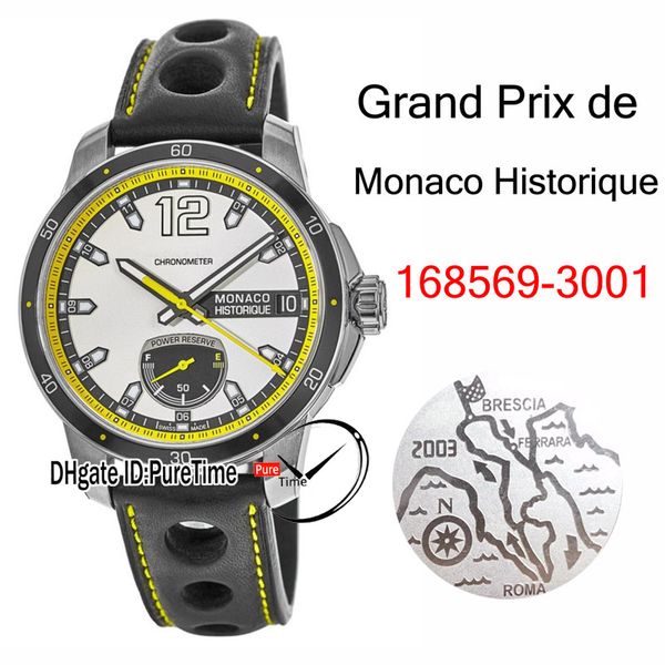 

new grand prix de monaco historique power reserve autoamtic mens watch 168569-3001 steel case yellow inner white dail black leather puretime, Slivery;brown