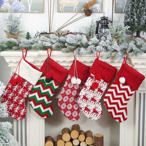 

christmas knitted stockings with two pom-poms stockings xmas tree fireplace hanging ornaments gift holders seasonal decorations