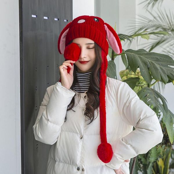 

new long ear ear knit hat plus velvet thick hat warm jump performance cap 6 color