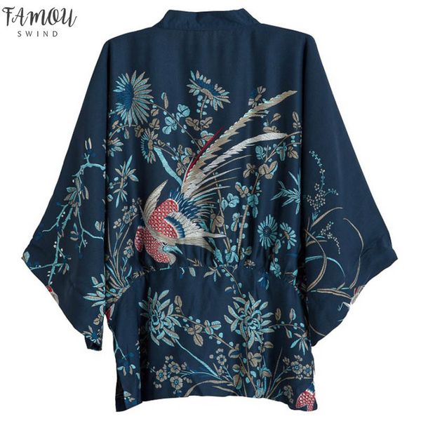 

причинно-следственная кимоно кардиган harajuku защита от солнца сукно блузка 2020 цветок птицы печати рубашка три четверти рукава свободные, White