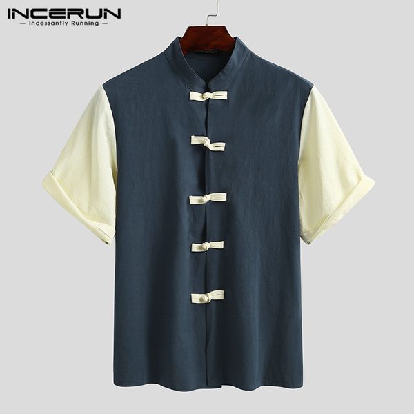 

incerun chinese style men shirt cotton 2020 button short sleeve elegant blouse patchwork vintage chic casual stand collar camisa, White;black