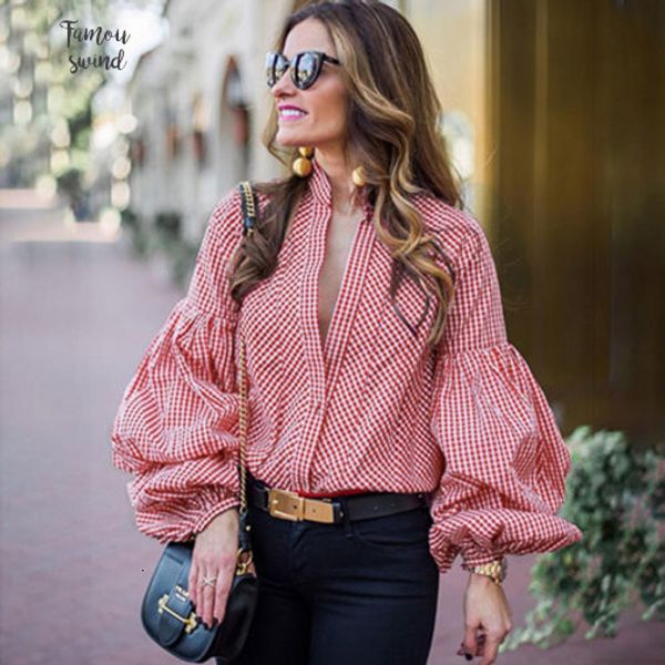 

blouse fashion women pulf long sleeve loose casual shirt summer red blue plaid drop shipping, White