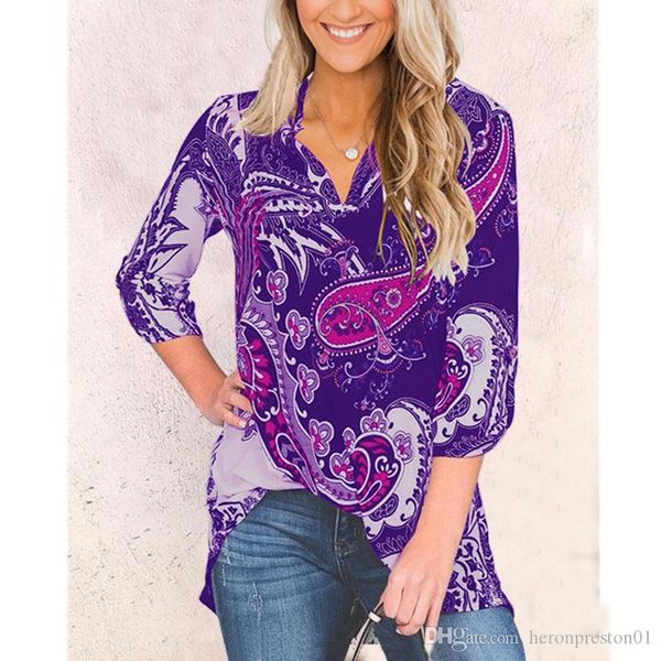 

2020 весна женщин сыпучие tshirts v шеи paisley printed мода женские топы пуловер рукав три четверти повседневный женский тройники, White