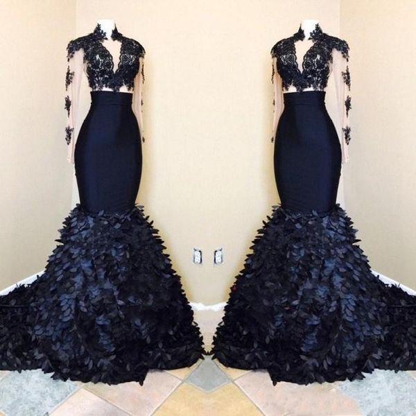 

gorgeous mermaid long sleeves prom dresses 2019 african navy blue high neck evening gowns with layers ruffle skirts, Black