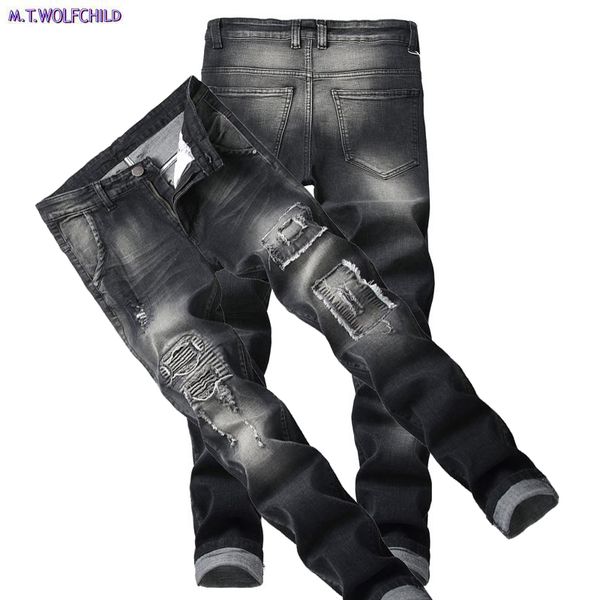 

fashion 2018 male jeans mens distressed hole patchwork denim pants casual straight slim elasticity locomotive pants 28-42, Blue
