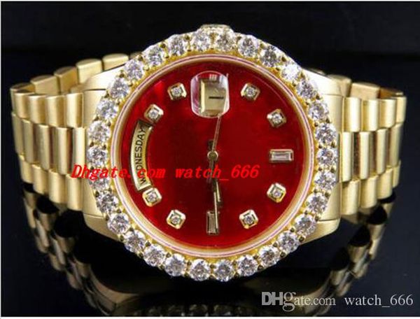 

роскошные наручные часы 18k mens желтого золота 36mm красный циферблат bigger алмазный часы 5.5ct механические мужские часы новое прибытие, Slivery;brown