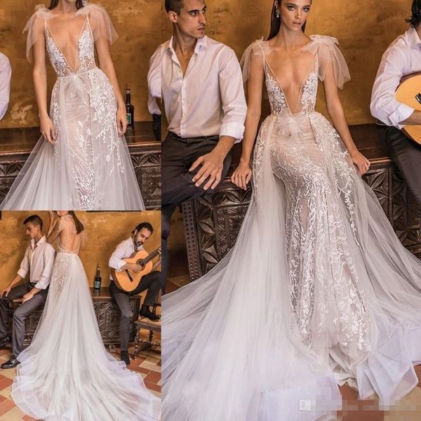 

2019 berta boho mermaid wedding dresses with overskirts plunging v neck lace applique bohomian tulle wedding bridal gowns, White