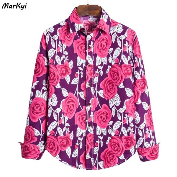 

men's casual shirts markyi 2021 spring rose print hawaiian beach mens streetwear good quality cotton long sleeve chemise, White;black