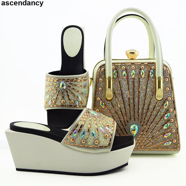 

new arrival rhinestoen african women wedding pumps italian ladies shoes and bags to match set fashion ladies sandals with heels, Black