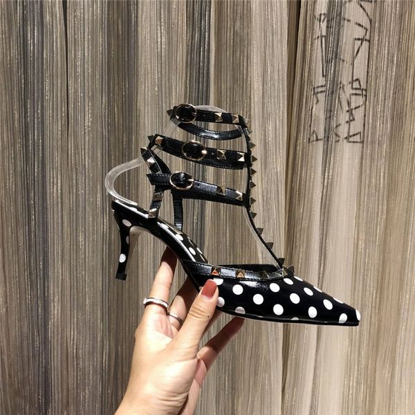 

2020 fashion women shoes high heels fashion genuine leather women shoes women dress shoes rivets heels sandals with box, Black