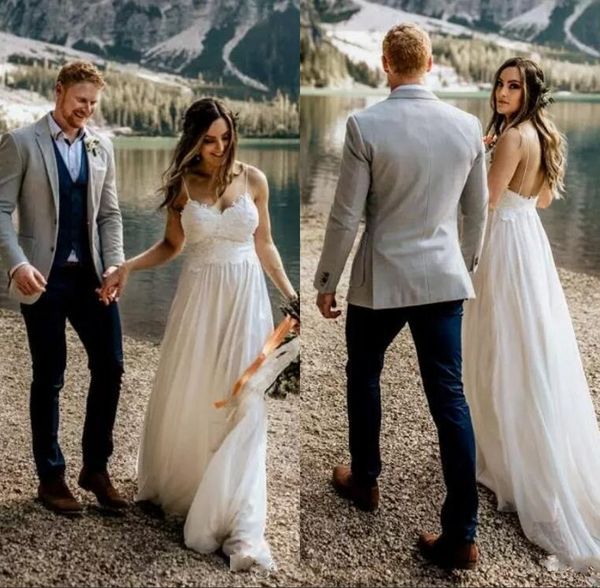 

Spaghetti Wedding Dresses 2019 Sexy Lace Tulle Fairy Backless Full length Summer Holiday Seaside Beach Country Bridal Dress
