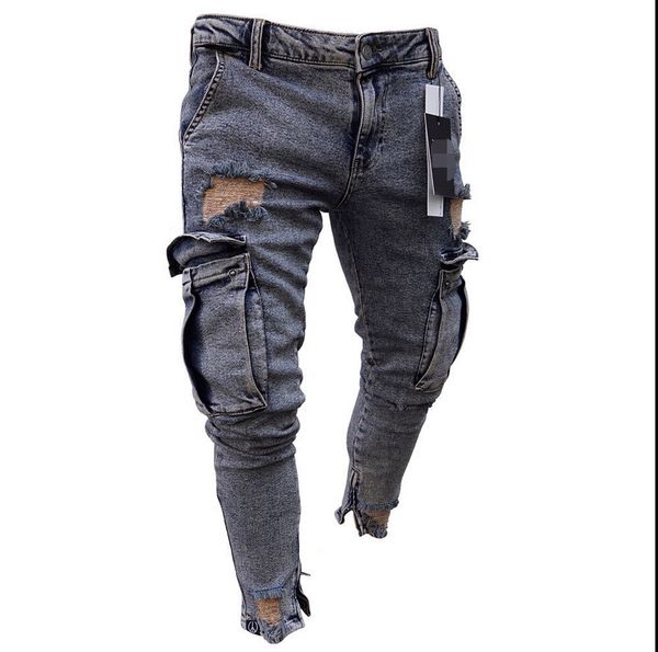 

2019 new fashion washed jeans mens ripped skinny jeans destroyed frayed slim fit denim pocket pencil pant size s-2xl, Blue