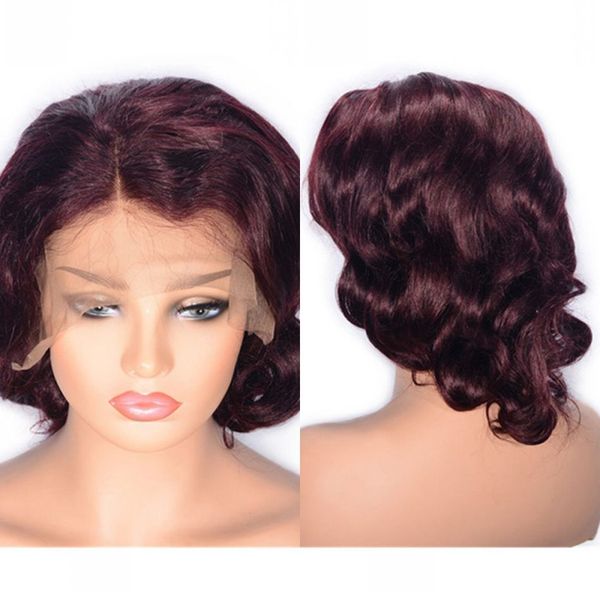 

99j human hair lace wigs with baby hair 130% density burgundy wavy brazilian glueless lace front wig, Black;brown