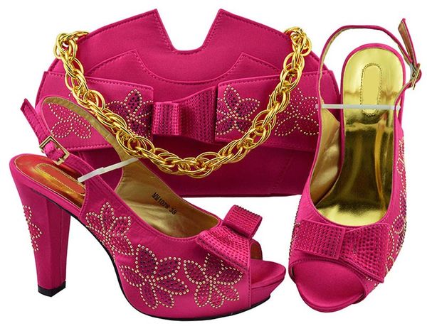 

beautiful fuchsia women shoes match handbag set with rhinestone bowtie style african pumps and bag for party dress mm1078,heel 11.5cm, Black