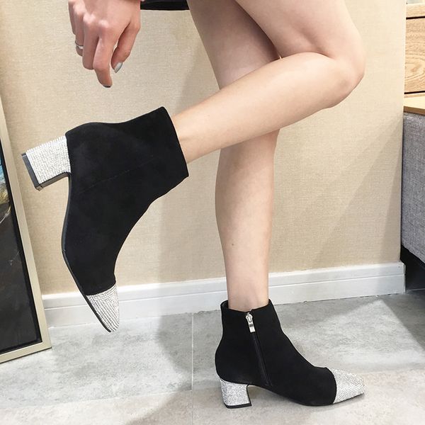 

chunky heel high heels boots women women's shoes autumn crystal lace up luxury designer bootee woman 2019 booties ladies round, Black